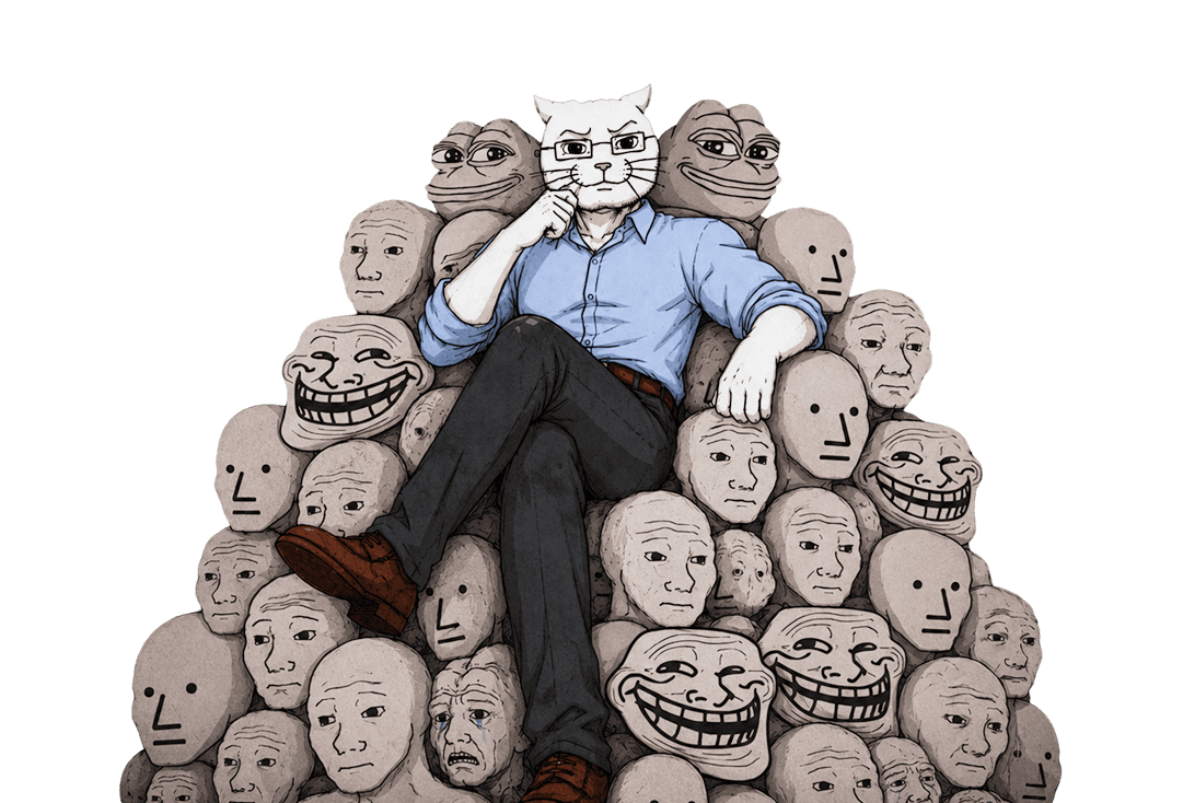 Catjak seated atop a pile of Wojak, Troll, NPC, and Pepe heads