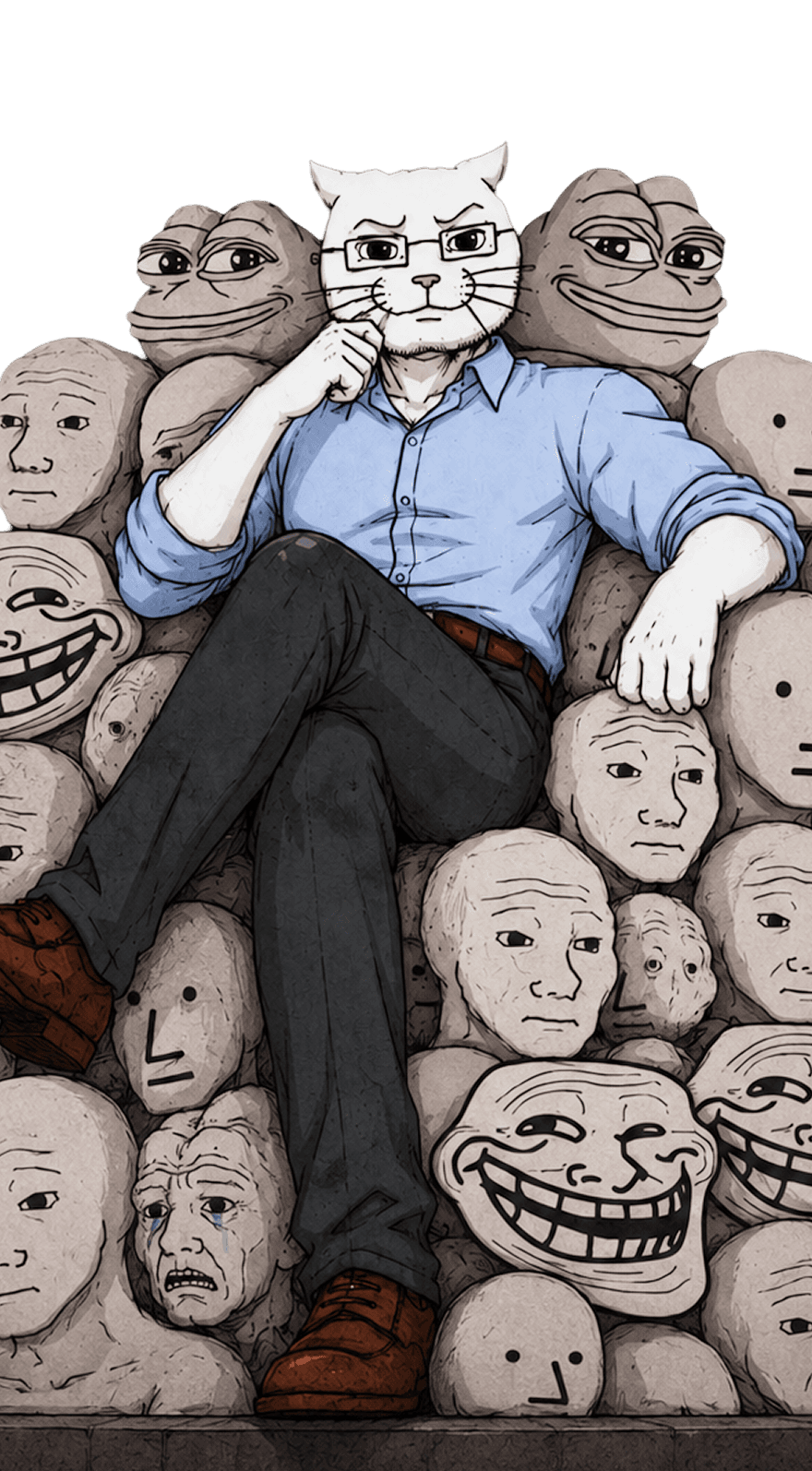 Catjak seated atop a pile of Wojak, Troll, NPC, and Pepe heads