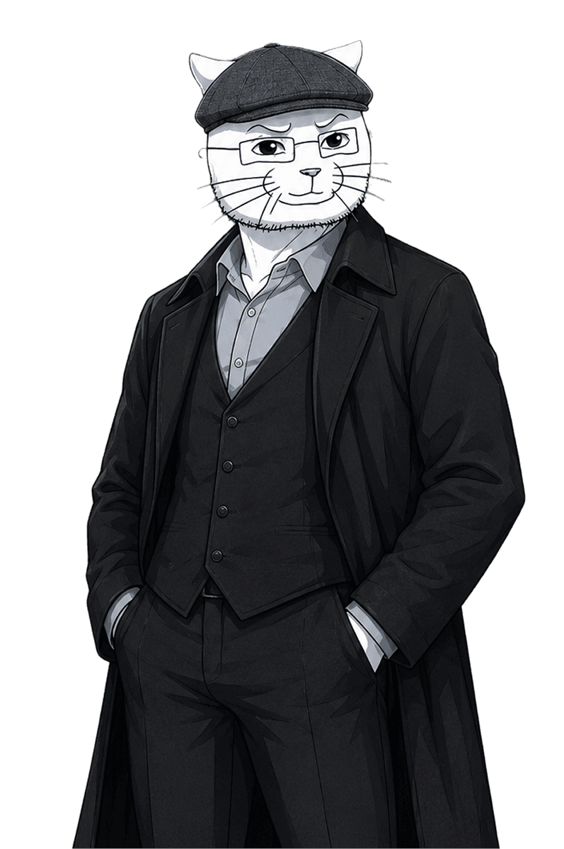Catjak in a long black coat and flat cap