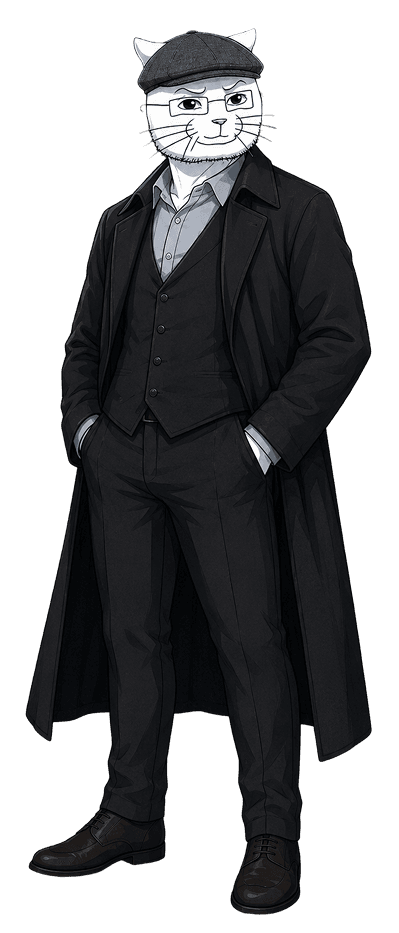 Catjak in a long black coat and flat cap